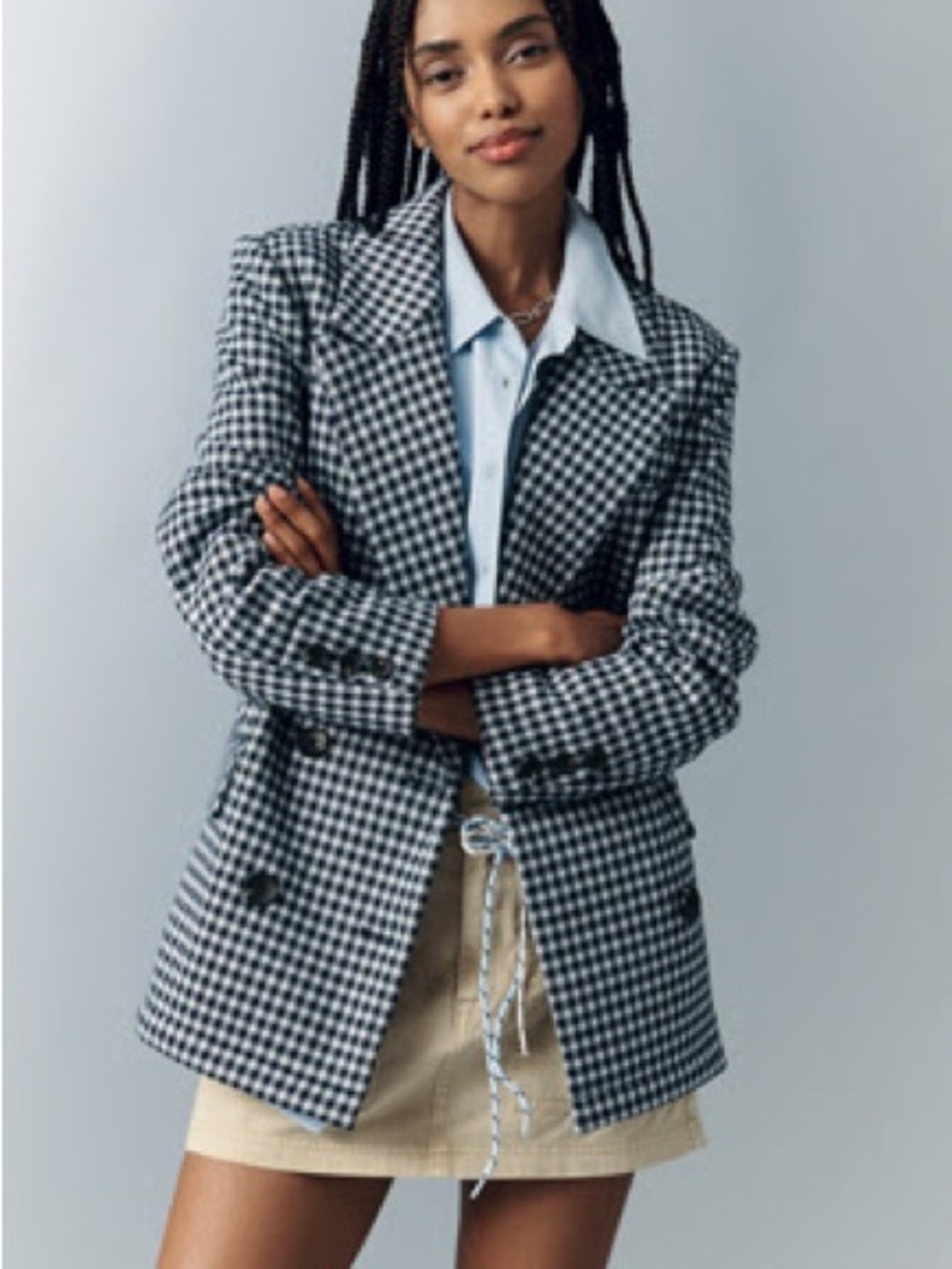 Avec Les Filles Navy & White Plaid Knit Double-Breasted Blazer.  NWT size Small
